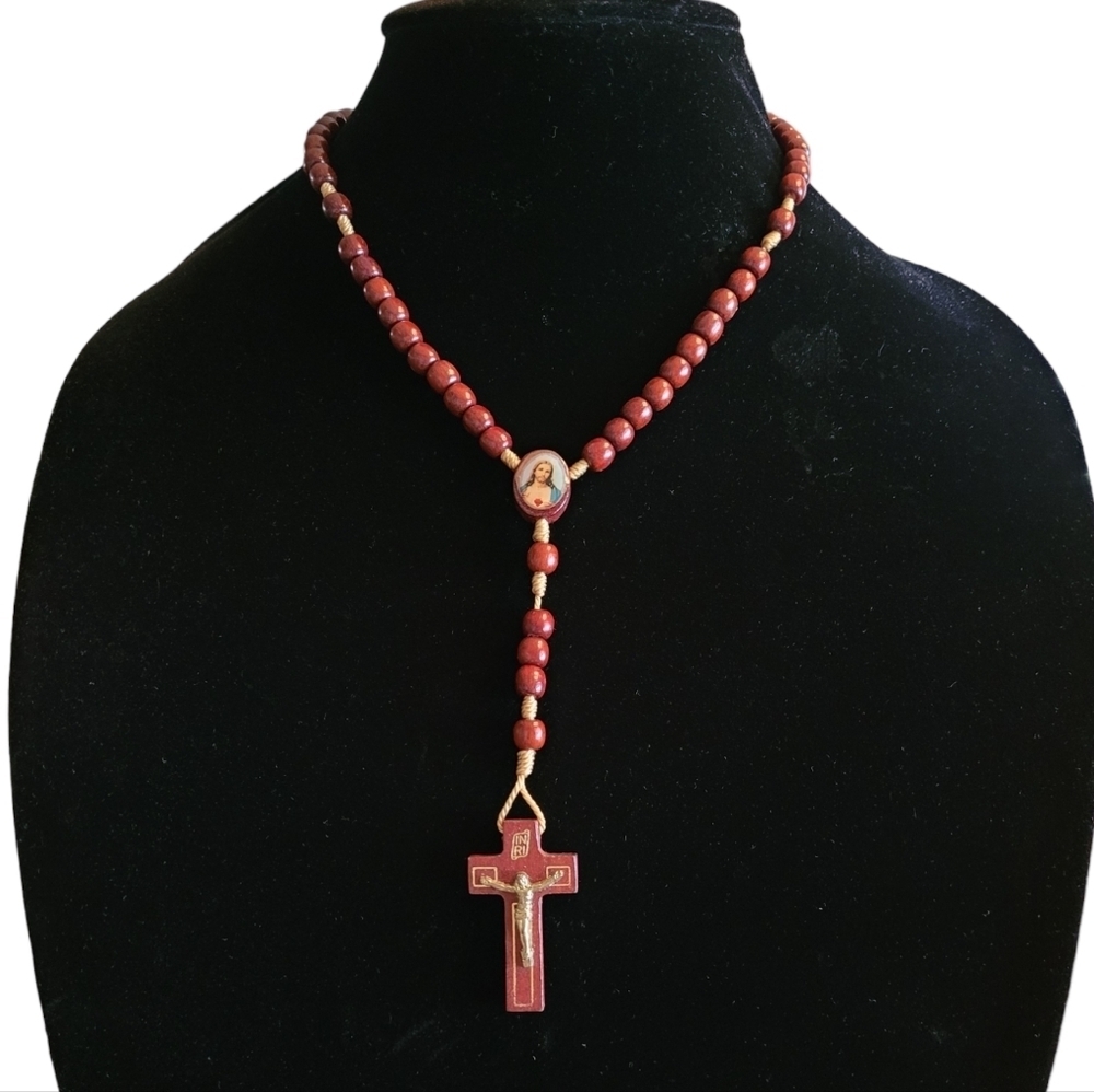 Vintage Cherry Wood Beaded Rosary Virgin Mary Crucifix